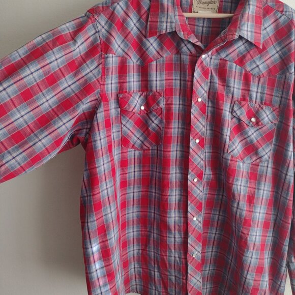 Wrangler Vintage Mens Western Shirt XXL Pearl Snap Red Blue Check Cowboy - Picture 3 of 9